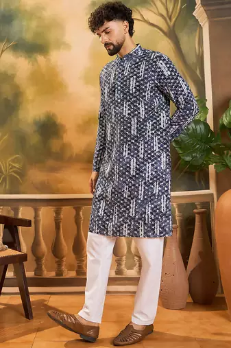 Men blue viscose rayon shibori embroidered straight kurta