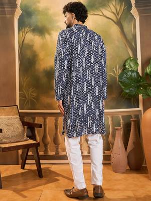 Men blue viscose rayon shibori embroidered straight kurta 4