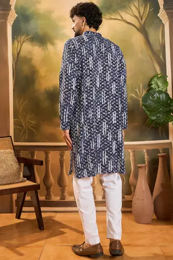 Men blue viscose rayon shibori embroidered straight kurta