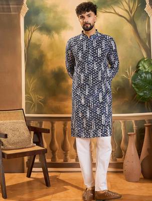 Men blue viscose rayon shibori embroidered straight kurta 5