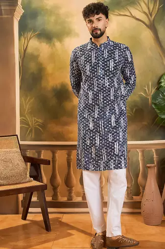 Men blue viscose rayon shibori embroidered straight kurta