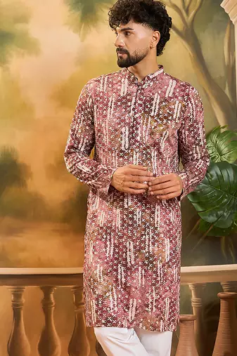 Men brown viscose rayon shibori embroidered straight kurta