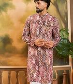 Men brown viscose rayon shibori embroidered straight kurta