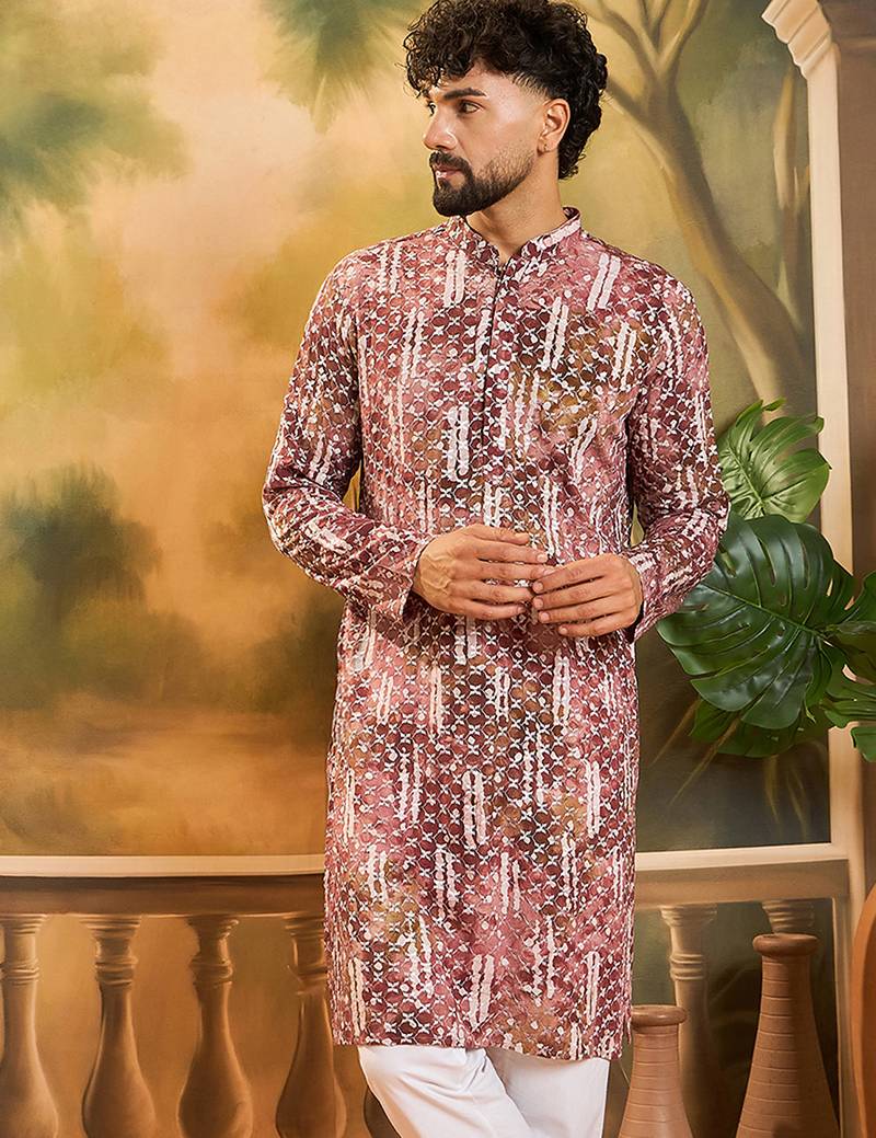 Men brown viscose rayon shibori embroidered straight kurta