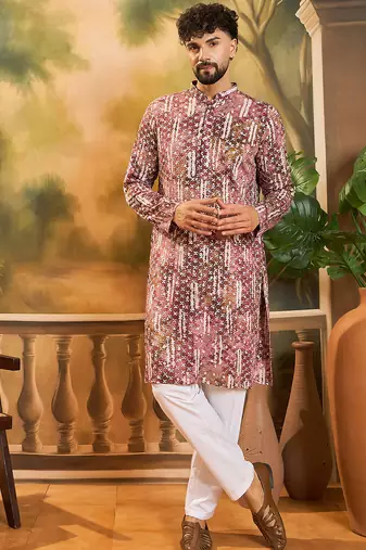 Men brown viscose rayon shibori embroidered straight kurta