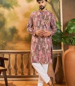 Men brown viscose rayon shibori embroidered straight kurta
