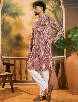 Men brown viscose rayon shibori embroidered straight kurta 3