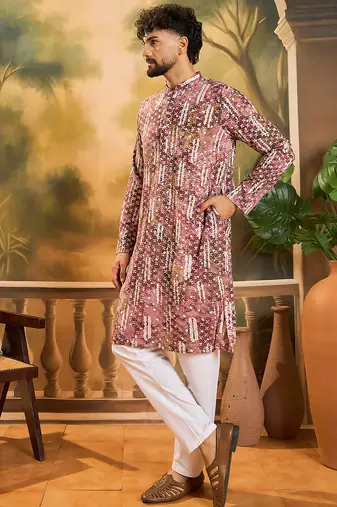 Men brown viscose rayon shibori embroidered straight kurta