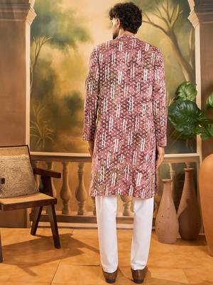 Men brown viscose rayon shibori embroidered straight kurta 4
