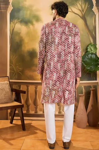 Men brown viscose rayon shibori embroidered straight kurta