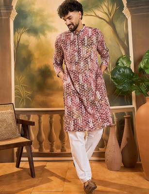 Men brown viscose rayon shibori embroidered straight kurta 5