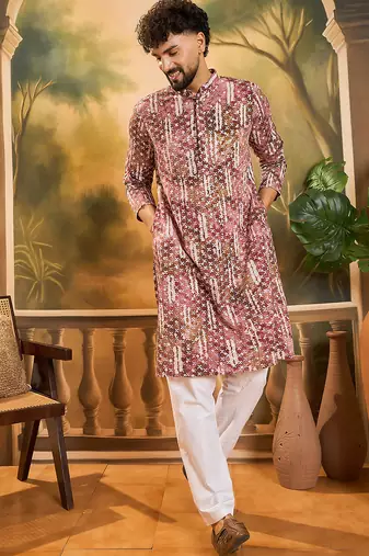 Men brown viscose rayon shibori embroidered straight kurta