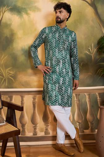 Men green viscose rayon shibori embroidered straight kurta