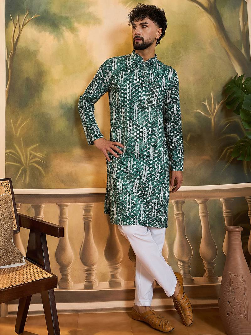 Men green viscose rayon shibori embroidered straight kurta