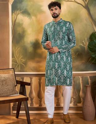 Men green viscose rayon shibori embroidered straight kurta 2