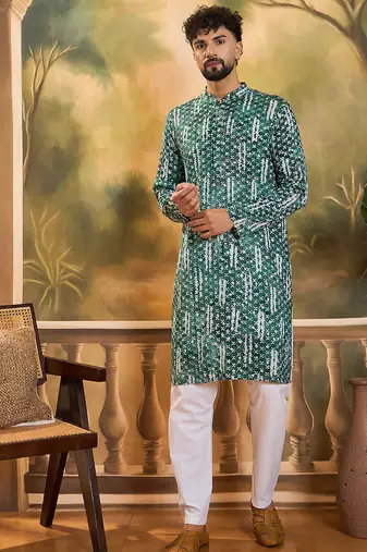 Men green viscose rayon shibori embroidered straight kurta