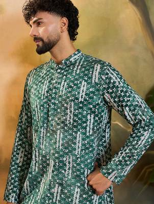 Men green viscose rayon shibori embroidered straight kurta 3