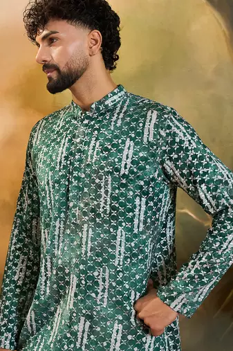 Men green viscose rayon shibori embroidered straight kurta