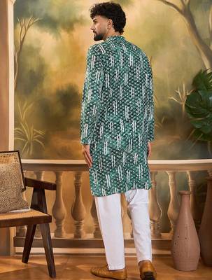 Men green viscose rayon shibori embroidered straight kurta 4