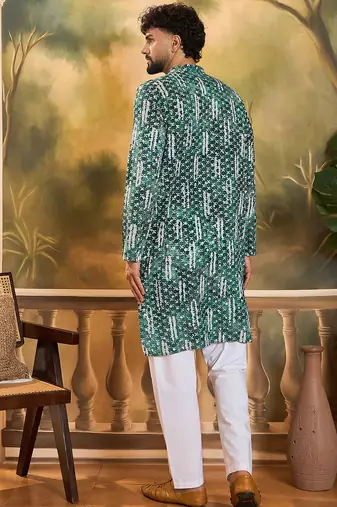 Men green viscose rayon shibori embroidered straight kurta
