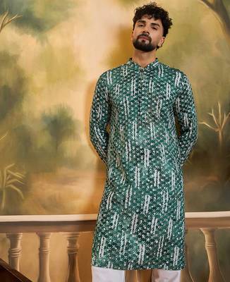 Men green viscose rayon shibori embroidered straight kurta 5