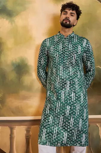 Men green viscose rayon shibori embroidered straight kurta