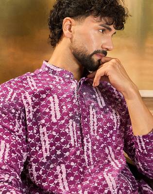 Men purple viscose rayon shibori embroidered straight kurta 2