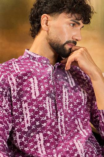 Men purple viscose rayon shibori embroidered straight kurta