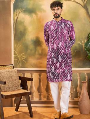 Men purple viscose rayon shibori embroidered straight kurta 3