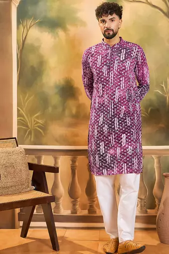 Men purple viscose rayon shibori embroidered straight kurta