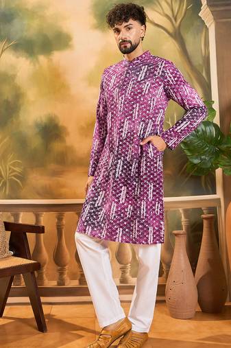 Men purple viscose rayon shibori embroidered straight kurta