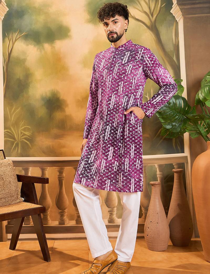Men purple viscose rayon shibori embroidered straight kurta