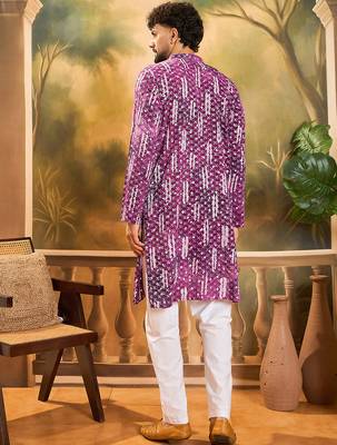Men purple viscose rayon shibori embroidered straight kurta 4