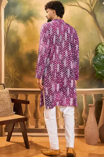 Men purple viscose rayon shibori embroidered straight kurta