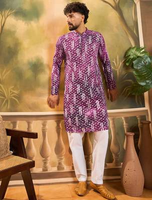 Men purple viscose rayon shibori embroidered straight kurta 5