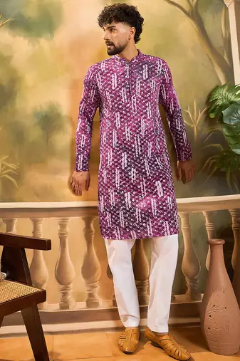 Men purple viscose rayon shibori embroidered straight kurta