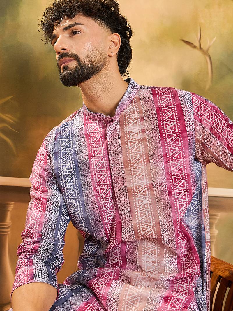 Men multi viscose rayon batik embroidered straight kurta