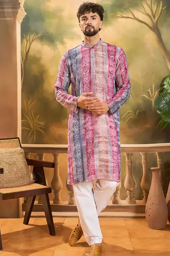Men multi viscose rayon batik embroidered straight kurta