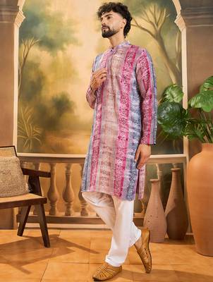 Men multi viscose rayon batik embroidered straight kurta 3
