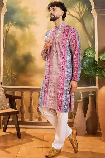 Men multi viscose rayon batik embroidered straight kurta