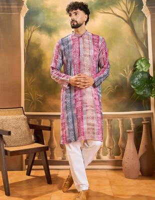 Men multi viscose rayon batik embroidered straight kurta 5