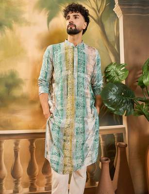 Men green viscose rayon batik embroidered straight kurta 1
