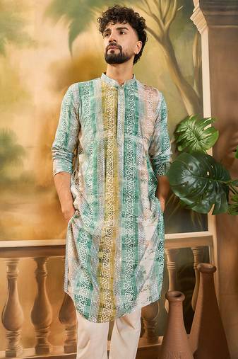 Men green viscose rayon batik embroidered straight kurta