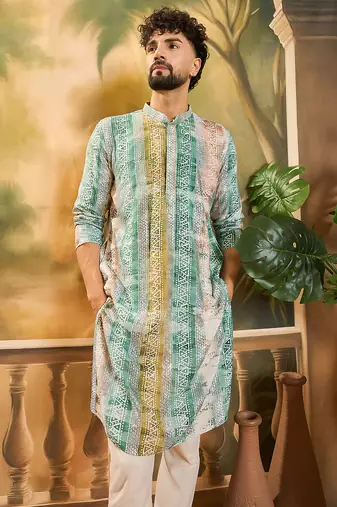 Men green viscose rayon batik embroidered straight kurta