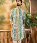 Men green viscose rayon batik embroidered straight kurta