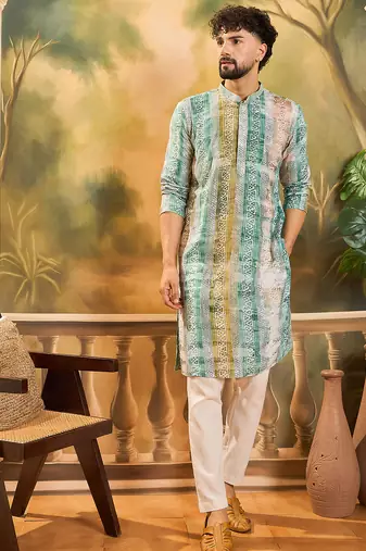 Men green viscose rayon batik embroidered straight kurta