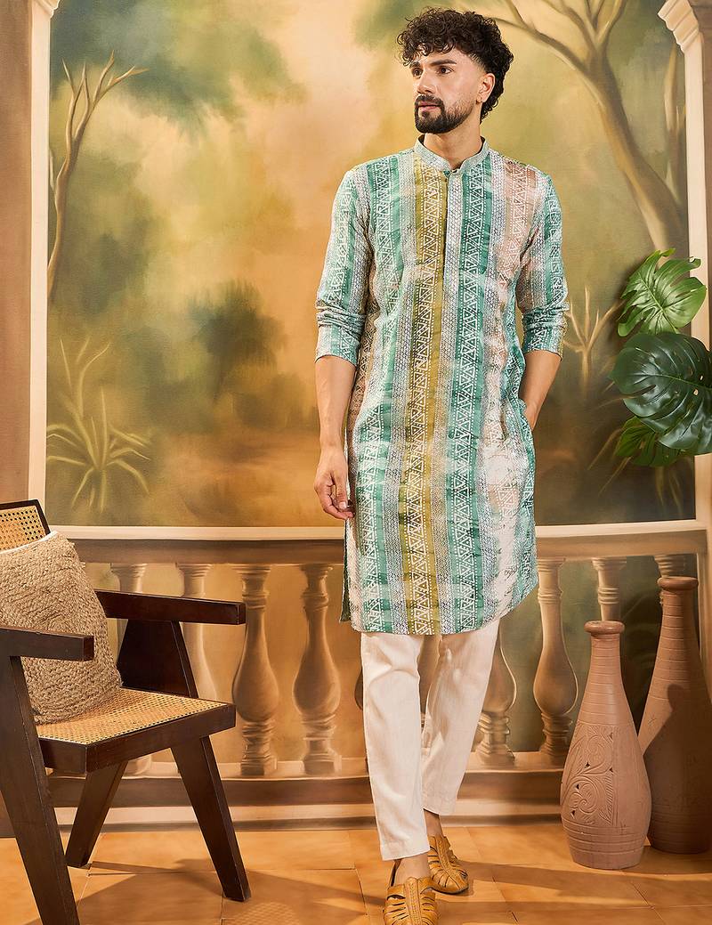 Men green viscose rayon batik embroidered straight kurta