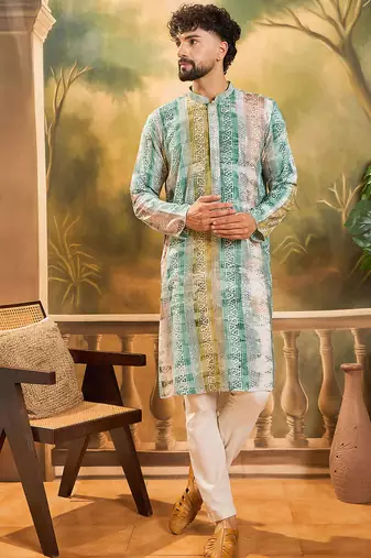 Men green viscose rayon batik embroidered straight kurta