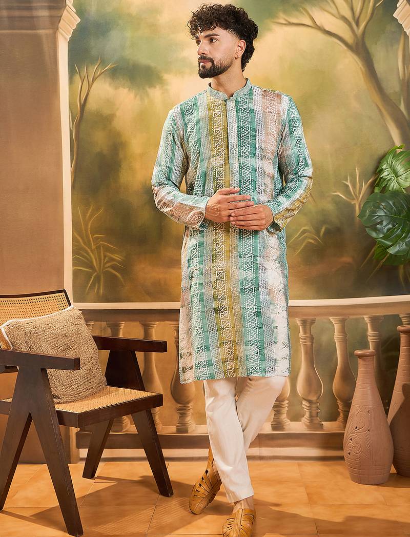 Men green viscose rayon batik embroidered straight kurta