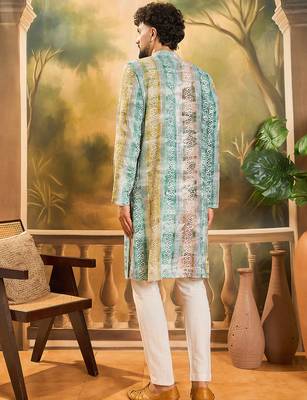 Men green viscose rayon batik embroidered straight kurta 4